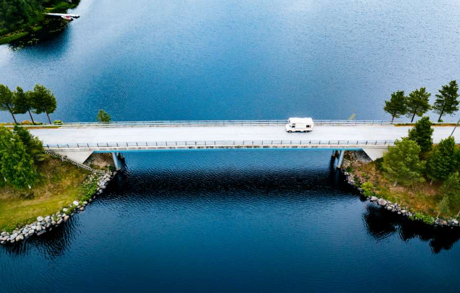 Motorhome driving over bridge