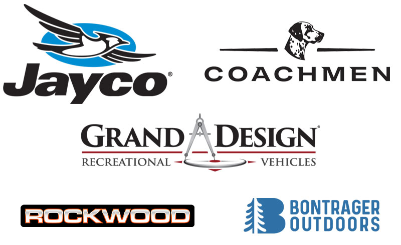 RV manufacturer logos for Jayco, Coachmen, Grand Design, Bontrager Outdoors and Rockwood.