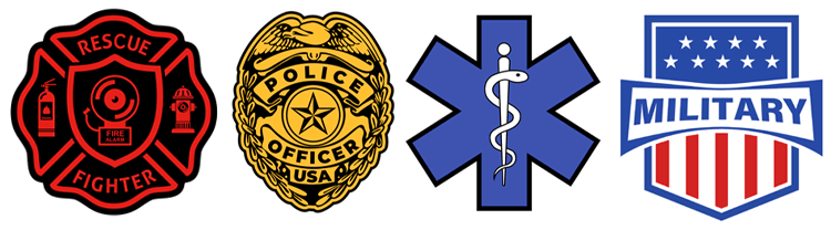 Police, firefighter, and EMT/medic badges represent first responder discount.