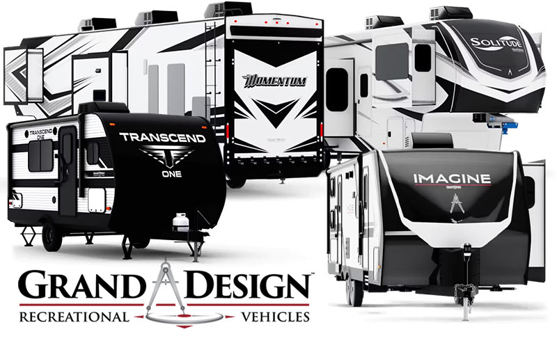 Image of Grand Design Imagine travel trailer, Solitude fifth wheel, Momentum toy hauler, and logo.