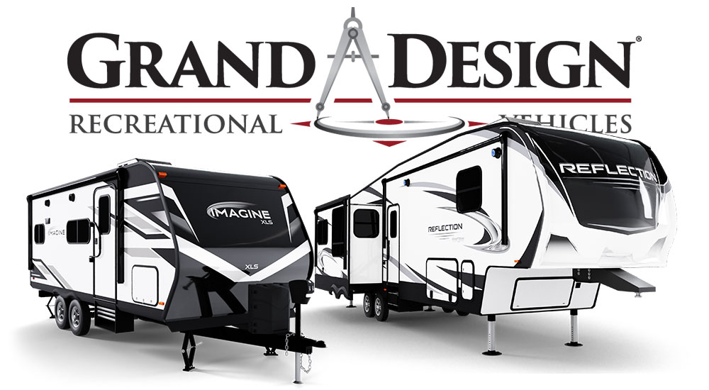 Photo of two Grand Design RVs with Grand Design logo above.