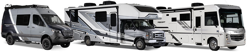 Image of a Class A, Class C, and Class C Jayco motorhome.