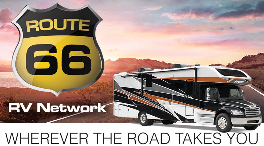 Route 66 RV Network logo with photo of a sunset over desert highway and a motorhome.