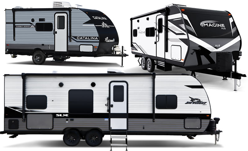 Photos of three travel trailers made by Jacyo, Grand Design, and Coachmen.